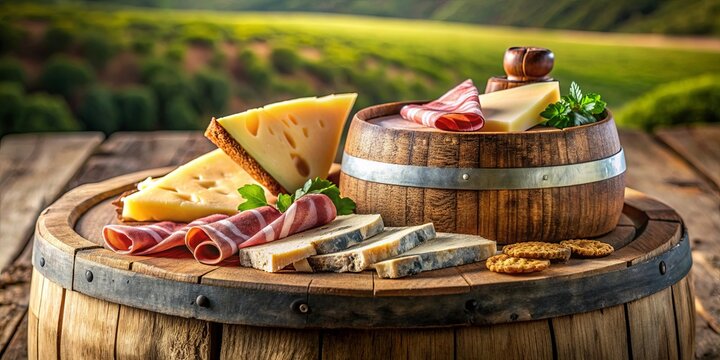 South Tyrolean snack with bacon, mountain cheese, crunchy rye bread and a local red wine on a wine barrel