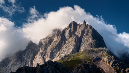 웅장하게 솟아오른 바위산과 안개