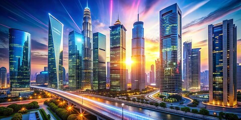 Fototapeta premium A vibrant and dynamic stock photo featuring a modern urban scene with skyscrapers and futuristic technology, city