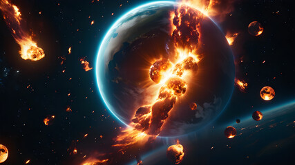 Obraz premium Planet earth in outer space engulfed in flames. Concept of natural disasters global warming apocalypse war judgment day.