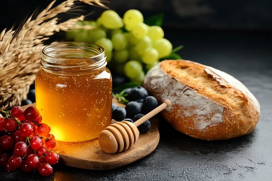 A rustic kitchen scene with a jar of honey, fresh fruit, and a loaf of bread, evoking a sense of comfort and simplicity