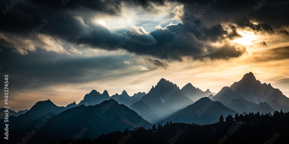 Sticker Mountains silhouetted against a dark sky, mountains, dark, sky, silhouette, scenery, nature, landscape, dusk, evening