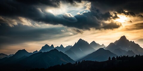 Mountains silhouetted against a dark sky, mountains, dark, sky, silhouette, scenery, nature, landscape, dusk, evening