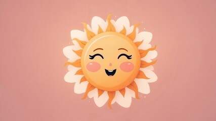 Joyful sun character with a radiant petal-like border on a pink background.
