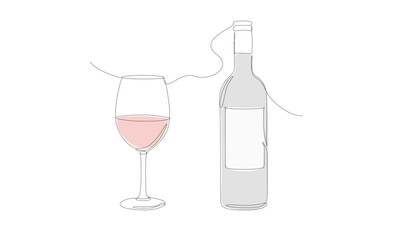 A glass of wine and wine bottle. Continuous one line drawing with color. Minimal illustration vector.	