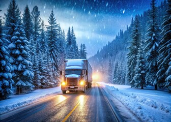 Obraz premium A rugged semi-truck navigates through a blizzard, its headlights illuminating a snow-covered highway lined with towering pine trees, amidst a serene winter wonderland landscape.