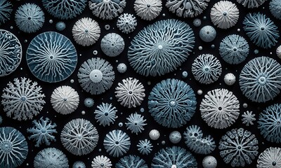 various microscopic cells in shades of blue and white with intricate textures, floating against a dark background to represent an unseen micro-world