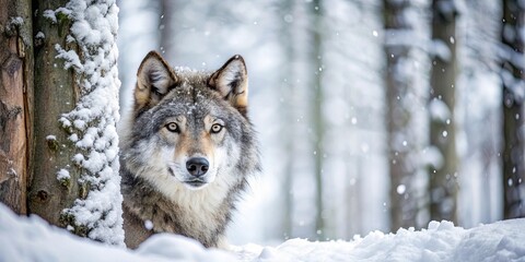 Obraz premium Gray wolf (fox) blending into a snowy winter forest , wildlife, nature, animal, predator, cold, winter, snow
