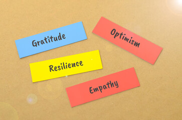 The key qualities of gratitude, optimism, resilience, and empathy, as depicted in the image, are essential for fostering strong relationships, overcoming challenges