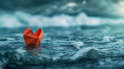 red orange heart paper floating on the water, loneliness