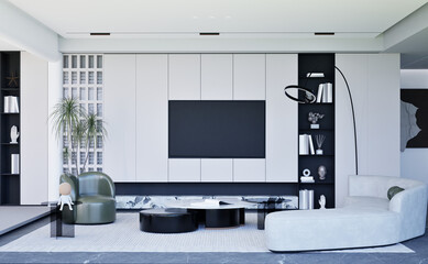 A modern living room interior with table and sofa, featuring sleek furniture, a flat-screen TV, and luxurious design elements