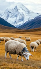 Fototapeta premium Single sheep grazing in a field with a snow-capped mountain in the background.