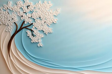 A sad willow tree depicted in a soft, pastel color palette, with its branches flowing gracefully against a light, serene background