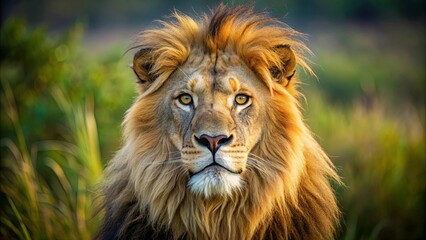Fototapeta premium Close-up shot of a majestic lion in the wild habitat, lion, wildlife, predator, Africa, savannah, carnivore, feline, nature