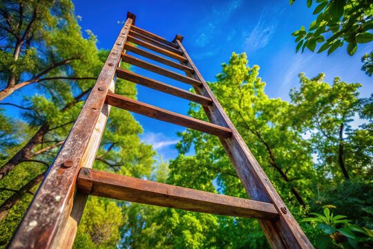 A rusty metal ladder with worn wooden rungs stands against a sunny blue sky, surrounded by lush green trees in a serene outdoor setting.