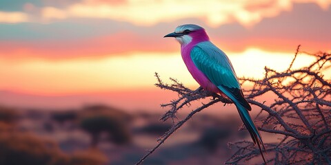 Obraz premium A vibrant blue and pink bird perched on a branch against a vibrant sunset sky.