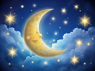 Naklejka premium A serene, glowing crescent moon with a gentle, smiling face, surrounded by subtle stars and soft, feathery clouds against a dark blue celestial background.