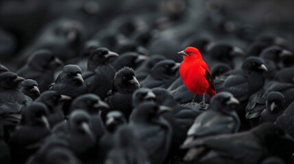 Bright Red Bird Standing Out Among a Flock of Dark Birds Signifying Uniqueness