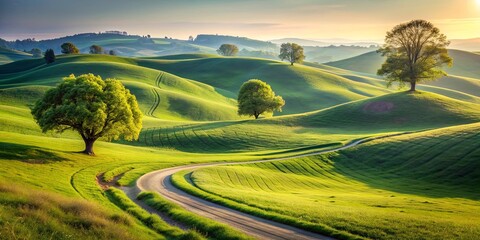 Obraz premium Peaceful landscapes of trees on rolling hills with winding paths , nature, serene, scenic, outdoors, landscape, trees