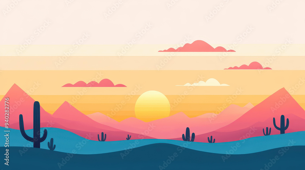 Poster Minimalist desert scene featuring soft colors and unique textures, creating a serene and modern vibe in flat design.