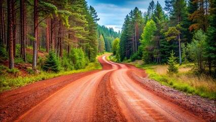 Obraz premium Red gravel road winding through empty countryside in a forested area, gravel road, red, landscape, countryside, forest, nature