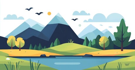 Obraz premium Colorful summer mountain scene with lush green fields and vibrant trees. A cheerful, modern flat illustration bursting with life.