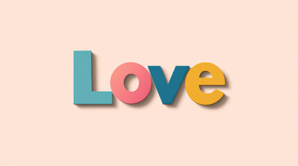 Vibrant, ultramodern vector design featuring bold geometric shapes spelling Love in flat lettering, minimal detail.