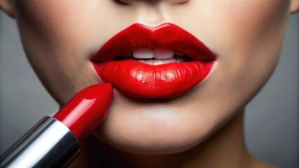 Naklejka premium Close up of vibrant red lipstick being applied on woman's lips, beauty, makeup, cosmetics, fashion, glamour, lips, close up