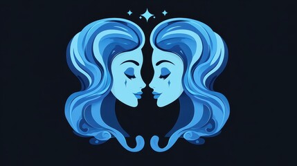A captivating vector art of the Gemini zodiac sign, designed in wisdom with water elements and a dramatic dark theme.