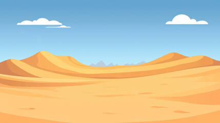 A flat vector art piece illustrates a serene desert scene with textured sands against a darkened backdrop.