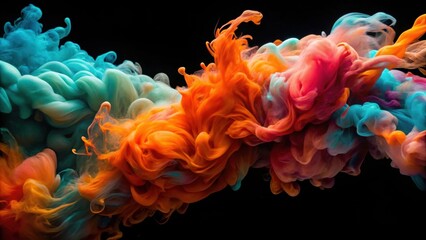 Obraz premium Dynamic flow of orange, pink, and turquoise paint on black background , liquid, multicolored, vibrant, abstract, flowing