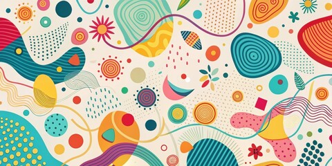 Naklejka premium Playful and whimsical pattern of colorful abstract shapes and lines on a light background, colorful, abstract