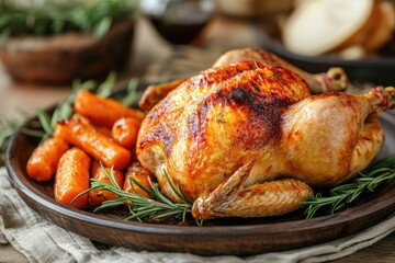 Roasted Chicken with Carrots and Rosemary on a Wooden Plate