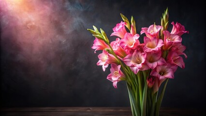 Pink gladiolus bouquet illuminated by soft lighting on dark background, flowers, gladiolus, pink, bouquet, elegant, romantic