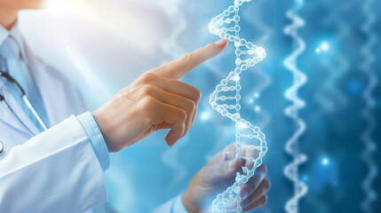 A doctor is pointing at a DNA strand. Concept of scientific discovery and the importance of understanding the building blocks of life. The scene is serious and focused