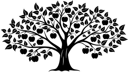 Detailed Apple Tree with Fruit: Classic Black and White Illustration for Prints