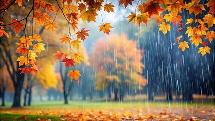 Autumn rain showering down on a park filled with vibrant maple leaves, autumn, rain, park, scenery, maple leaves, nature