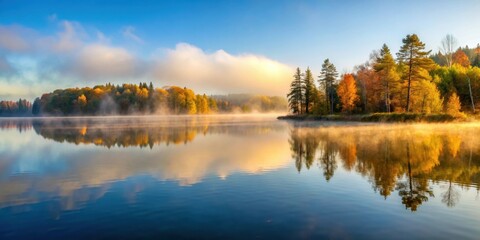 Fototapeta premium Early autumn morning with rising water fog over calm lake, autumn, morning, water, fog, mist, lake, peaceful, tranquility, nature