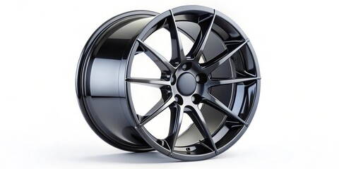 Obraz premium Sleek alloy rim with glossy black finish for modern sports cars on background, alloy, rim, glossy, black, finish, modern