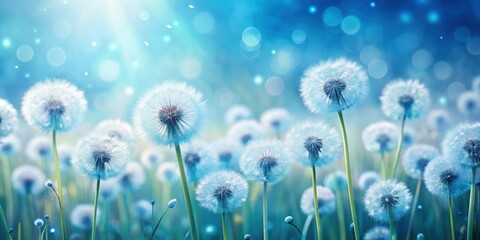 Fluffy dandelions in soft pastel blue meadow under sunlight , dandelions, field, nature, spring, summer, sunlight