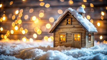 Snow covered wooden house with blue bokeh lights in background, Christmas, background, snow, covered, wooden house, blue