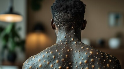 Obraz premium Monkeypox. Textured Skin with Raised Bumps on Back. Monkeypox. Close-up of a male's back showing multiple raised bumps and textured skin, possibly indicating a medical condition.