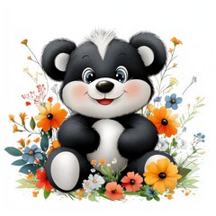 Obraz premium Adorable Cartoon Teddy Bear Sitting in a Field of Flowers