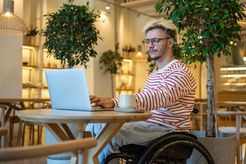 Interested man freelancer in wheelchair working with portable computer in cafe. Focused hipster guy student with disabilities using laptop watches webinar remote study, learning online in coffeeshop.