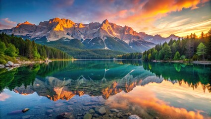 Impressive summer sunrise on Eibsee Lake with Zugspitze mountain range, summer, sunrise, Eibsee Lake, Zugspitze