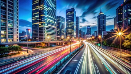 Motion Speed Light Nighttime cityscape with fast-moving traffic on illuminated streets, urban, city, lights, traffic, night