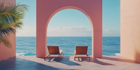Fototapeta premium Two lounge chairs on a patio with an archway overlooking the ocean.
