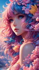 Illustration that young woman Beautiful and dreamy with a mix of pink, blue, yellow and beige.