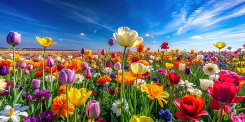 Fototapeta premium Vibrant image of a field of colorful spring flowers under a clear blue sky , Radiant, Resurgence, Symphony, Springtime