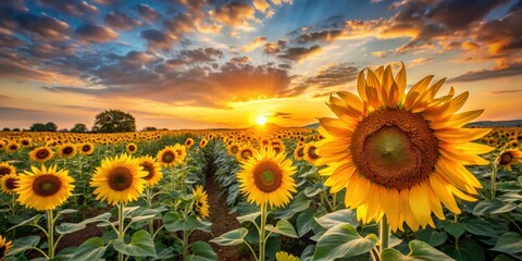 Obraz premium Sunflowers in a field during sunset, sunset, sunflowers, golden hour, nature, agriculture, vibrant, sky, orange, plants, crop